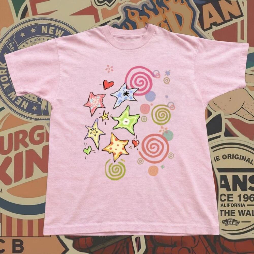 Graphic Tee With Multicolored Stars Hearts And Swirls